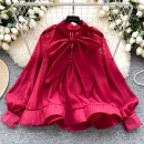 LW0707 Vintage Puffy Sleeve Shirt Women'S Autumn Butterfly Bow Tie Mesh Design Top Blouses Elegant Women Ladies