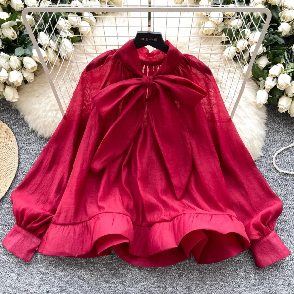 LW0707 Vintage Puffy Sleeve Shirt Women'S Autumn Butterfly Bow Tie Mesh Design Top Blouses Elegant Women Ladies - Image 4