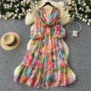 LE2633 Style Chiffon Printed Dresses Ethnic V-Neck Long Sleeve Belted Evening Dresses Maxi Party Robe 2025