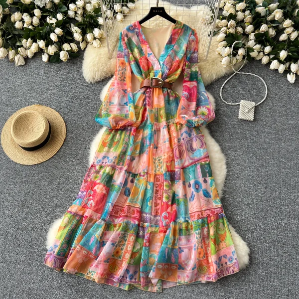 LE2633 Style Chiffon Printed Dresses Ethnic V-Neck Long Sleeve Belted Evening Dresses Maxi Party Robe 2025