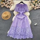 LE2729 2025 Niche Vintage Women'S Dress O-Neck Lace Dress With Short Sleeves Female Summer Slim Temperament Elegant Long Dress