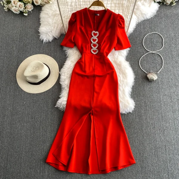 LE2657Chic Maxi Evening Dress Woman Love Button Fishtail Dresses 2025 High-End V-Neck Romantic Dinner Party Long Dress Lady - Image 3