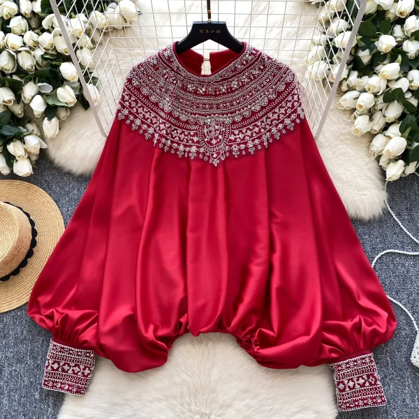 LW0826 Blouse Woman High-End Foreign Style Heavy Industry Nailed Bead Glitter Loose Slimming Satin Top Woman Blouses For Lady - Image 3