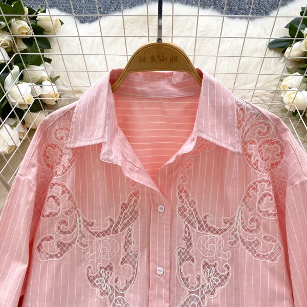 LW0750 Spring Shirt Women 2025 New Hollow Lace Hook Loose Thin Irregular Foreign Style Striped Blouses Elegant Women - Image 6