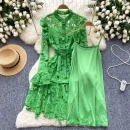 LE2644 Elegant Lace Midi Evening Dress Lady Autumn Retro Heavy Industry Hollow Lace Embroidery O-Neck Socialite Short Dress