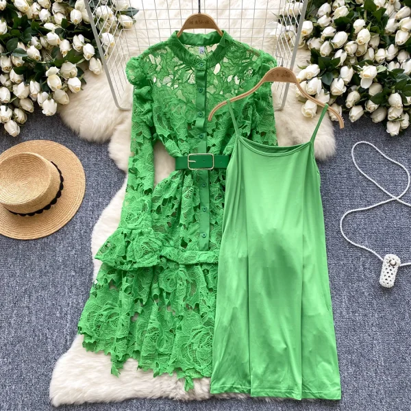 LE2644 Elegant Lace Midi Evening Dress Lady Autumn Retro Heavy Industry Hollow Lace Embroidery O-Neck Socialite Short Dress - Image 2
