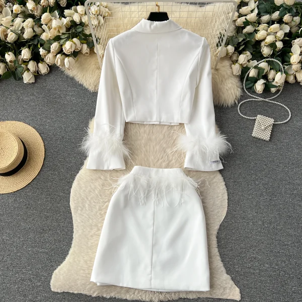 LE1818 Hepburn Style Ladies' Suit Set 2025 Autumn Feather Design Suit Jacket + Skirt Socialite Office Date Two-Piece Set - Image 3