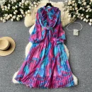 LE2639 Oil Print Midi Dress Lady French Vintage Elegant Dress Women'S Plicated Splicing Long Sleeve Waist Print Chiffon Dresses