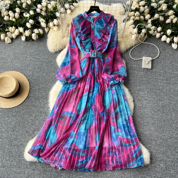 LE2639 Oil Print Midi Dress Lady French Vintage Elegant Dress Women'S Plicated Splicing Long Sleeve Waist Print Chiffon Dresses - Image 5