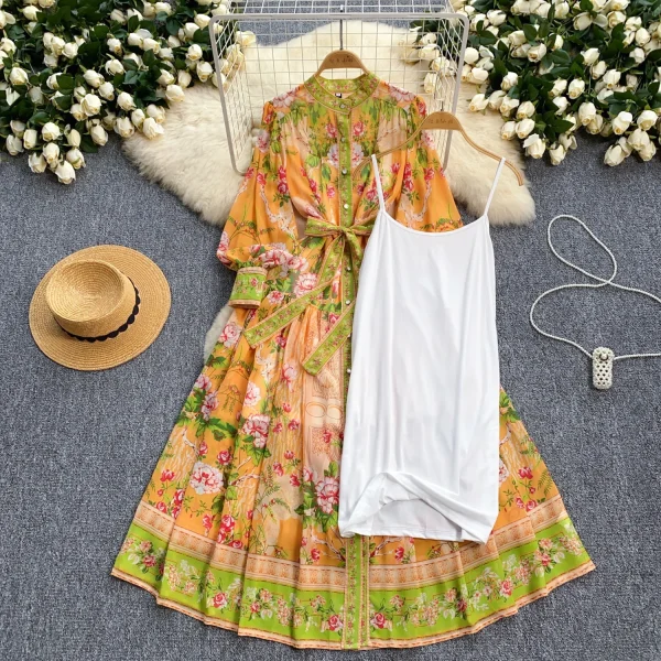 LE2632 Autumn New Retro Chiffon Printed Dresses Lady Lantern Long Sleeve Evening Robe Elegant Party Maxi Dresses Woman 2025 - Image 2
