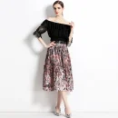 LE1776 2025 Summer Dress Ladies Sexy Two Piece Set Square Collar Lace Top Printed Pleated Skirt Celebrity Dating Slimming Set