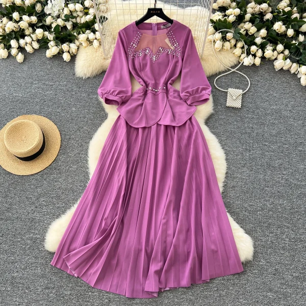 LE4773 Women'S Elegant Dress Diamond Studded Nail Bead Mesh Patchwork Receiving Waist Long Pleated Dress Skirt
