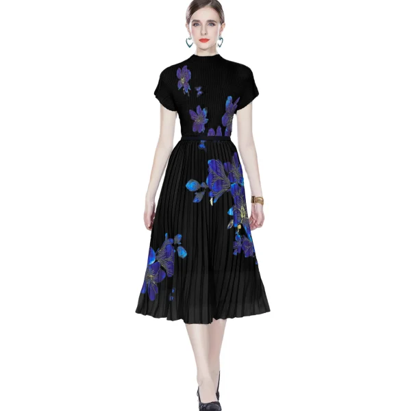 LE1255 in Stock 2025 New Women's Cool Print With Pleated Skirt Casual Short-sleeved Top Pleated Skirt 2-piece Set