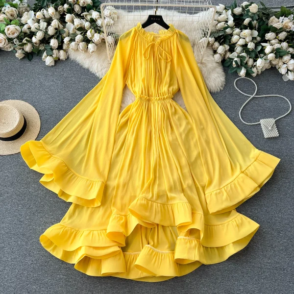 LE2638 Cape-Style Women'S Gown Luxury Retro High Fashion V-Neck Lace-Up Trumpet Sleeves Peplum Temperament Long Casual Dresses - Image 5
