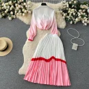 LE1666 Pink Gradient Ladies Two-Piece Long-Sleeved Shirt + High Waist Pleated Skirt Set Celebrity Office Party Casual Set