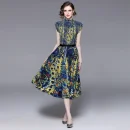 LE1359 Miyake Pleated Skirt 2025 New Stand Collar High Stretch Print Top Pleated Skirt Boutique 2 Piece Set Loose Large Size