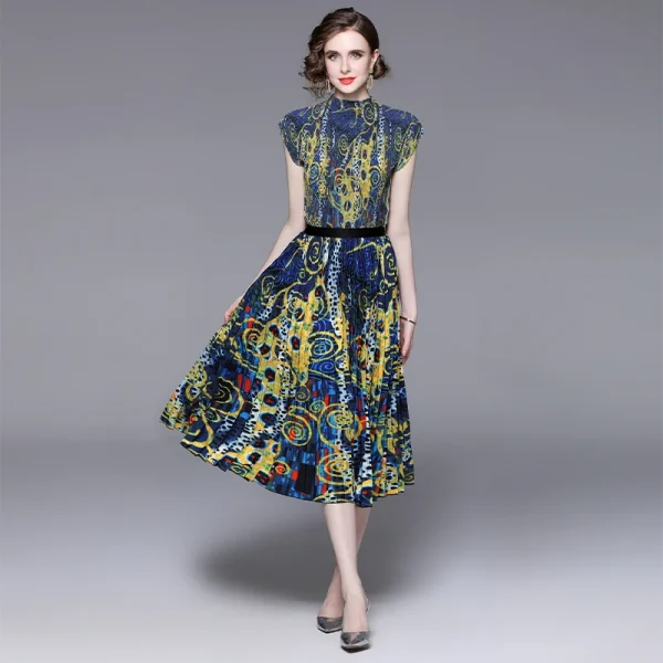 LE1359 Miyake Pleated Skirt 2025 New Stand Collar High Stretch Print Top Pleated Skirt Boutique 2 Piece Set Loose Large Size - Image 2