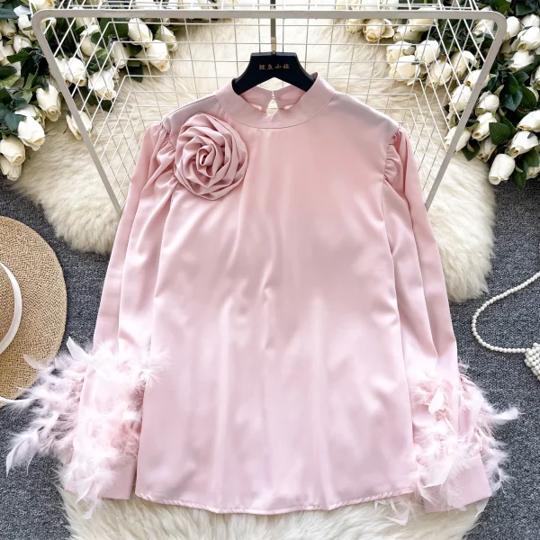 LW0828 Satin Feel Stand Collar Shirt Women Three-Dimensional Flower Feather Design Loose Temperament Blouses Elegant Women - Image 3