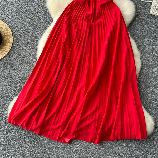 LE2624 Temperament Large Size Deep V-Neck Evening Dress Red Pleated Skirt Stitching Bridesmaid'S Wedding Dress Loose Maxidress - Image 4