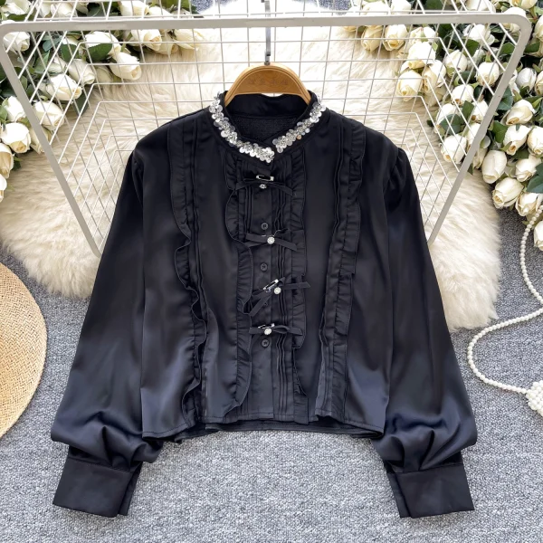LW0823 Light Style Sequin Stand Collar Long Sleeve Satin Shirt Slimming Top For Women Blouses Elegant Women Ladies - Image 2