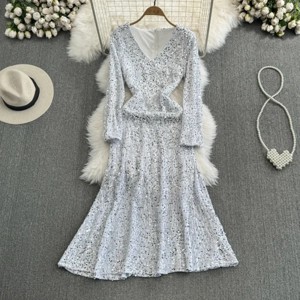 LE2658 Socialite Midi Evening Dresses for Woman Autumn Long Sleeve V-Neck A-Line Sequin Velvet Dresses Elegant Party Long Dress - Image 4