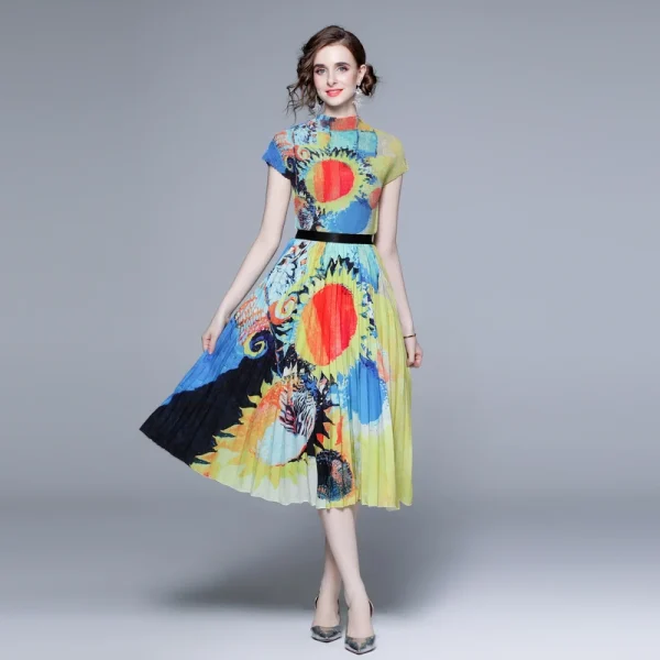 LE1245 in Stock Pleated Casual Suit Feminine Show Thin T-Shirt Skirt 2 Piece Set Printed Long Miyake Pleated Skirt - Image 3