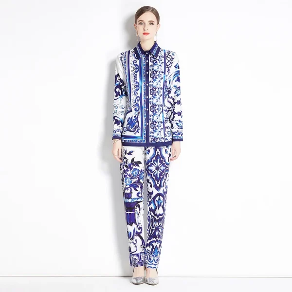 LE1861 Luxury Women'S Suit Mayorika Printed Shirt High Waisted Straight Leg Pants Formal Office Party 2 Piece Set - Image 4