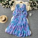 LE2627 Ethnic Beaded V-Neck Printed Dress Temperament Lantern Long Sleeve Long Floral Dresses Women Elegant Holiday Dinner Dress