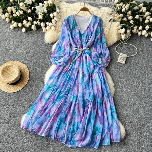 LE2627 Ethnic Beaded V-Neck Printed Dress Temperament Lantern Long Sleeve Long Floral Dresses Women Elegant Holiday Dinner Dress - Image 3