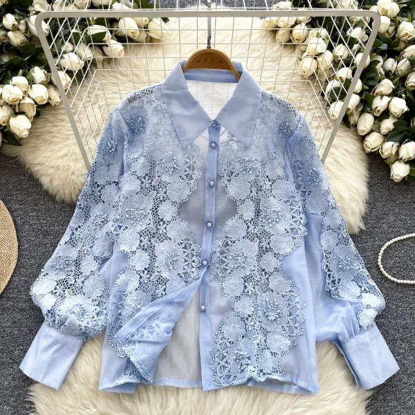 LW0746 Light Wind Minority Long-Sleeved Shirt Women'S Hollow Embroidery Lapel Slimming Women'S Blouses Elegant Women - Image 5