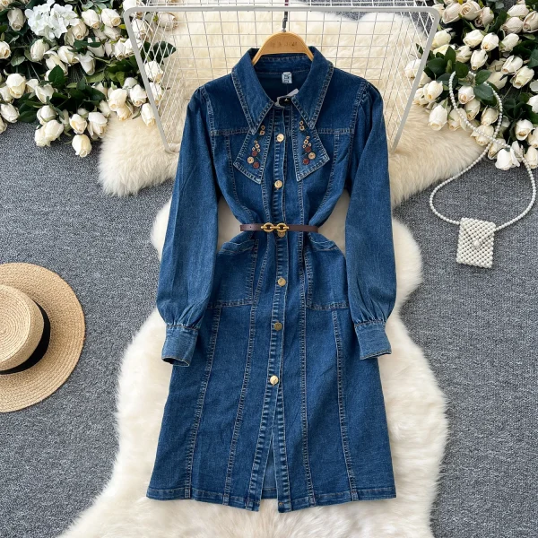 LE2669 French Retro Design Office Woman Denim Dresses Embroidery Lapel Waist Slimmer Single-Breasted Denim Midi Dress Women 2025