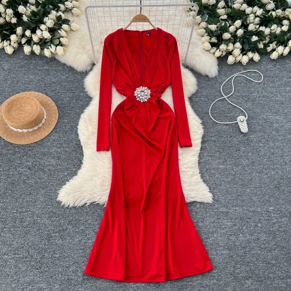 LE4769 Sexy Deep V-Neck Long Sleeve Dress Women'S Dinner Dress Heavy Heavy Diamond Flower Waist Slimming Skirt