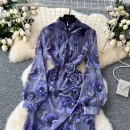 LE4783 Elegant Dress Women'S New French Three-Dimensional Flower Pleated Waist Fold Slit Print Skirt With Ruffled Edge