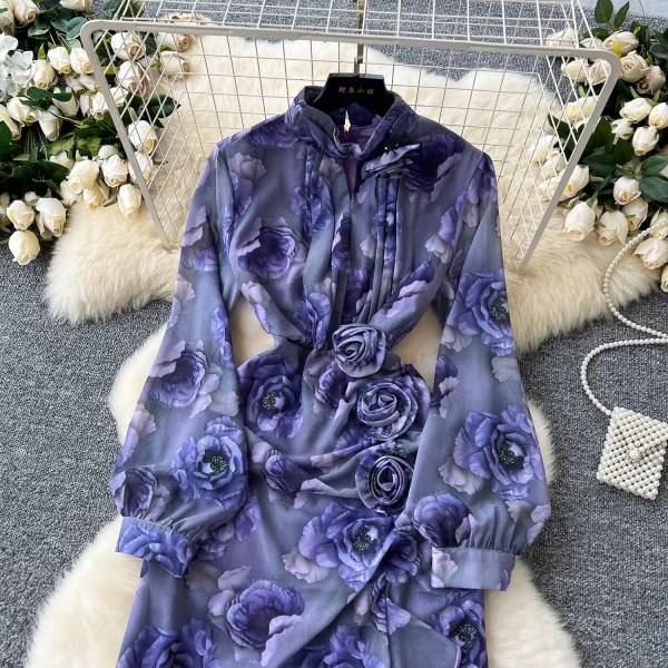 LE4783 Elegant Dress Women'S New French Three-Dimensional Flower Pleated Waist Fold Slit Print Skirt With Ruffled Edge - Image 6