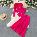 LE0097 Small Fragrant Wind Wear Women'S Three-Piece Vest Metal Buckle Long Sleeve Knitted Cardigan Skirt