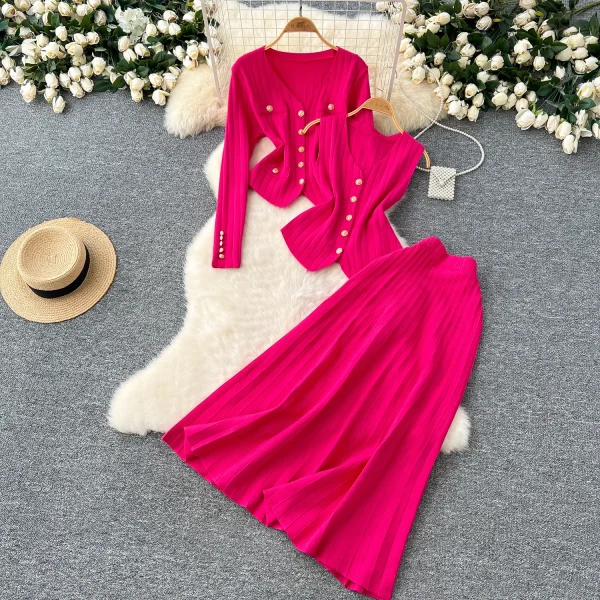 LE0097 Small Fragrant Wind Wear Women'S Three-Piece Vest Metal Buckle Long Sleeve Knitted Cardigan Skirt - Image 2