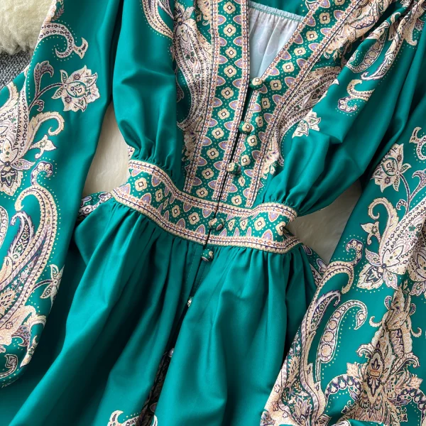 LE2634 Ethnic Printed Dresses Maxi Autumn New Court Style V-Neck Long Sleeve Banquet Robe Woman Boutique Holiday Dress for Women - Image 3