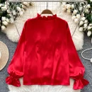 LW0651 2025 Spring New Advanced Sense Three-Dimensional Flower Lace-Up Long Sleeve Satin Blouse Shirts for Women