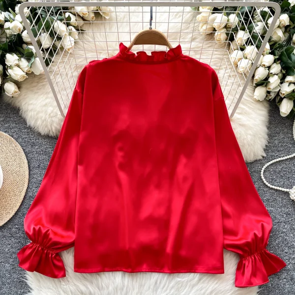 LW0651 2025 Spring New Advanced Sense Three-Dimensional Flower Lace-Up Long Sleeve Satin Blouse Shirts for Women - Image 6