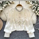 LW0823 Light Style Sequin Stand Collar Long Sleeve Satin Shirt Slimming Top For Women Blouses Elegant Women Ladies