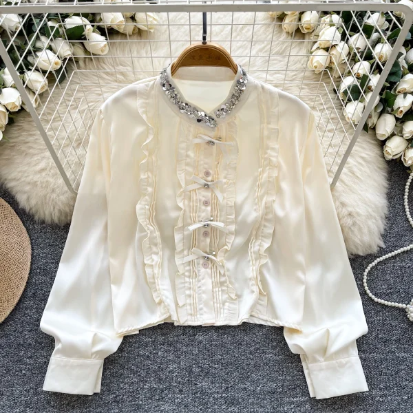 LW0823 Light Style Sequin Stand Collar Long Sleeve Satin Shirt Slimming Top For Women Blouses Elegant Women Ladies - Image 4