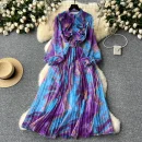 LE2639 Oil Print Midi Dress Lady French Vintage Elegant Dress Women'S Plicated Splicing Long Sleeve Waist Print Chiffon Dresses