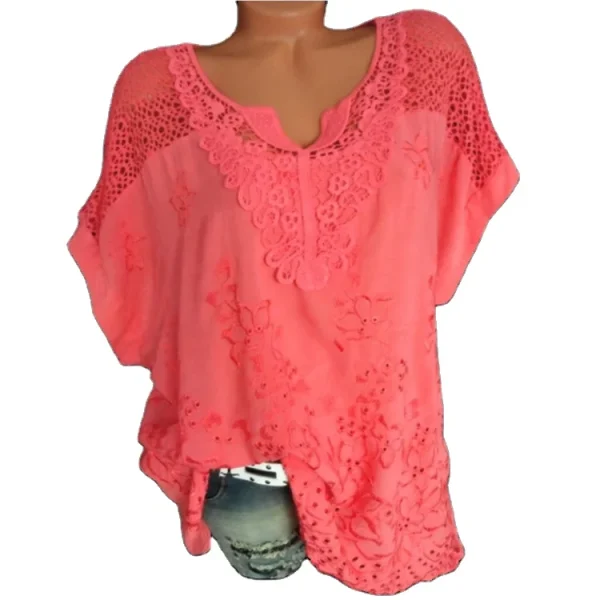 Fashion Women's Lace V-neck Embroidery Short-sleeved Chiffon Bat Shirt - Image 5