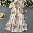 LE2634 Ethnic Printed Dresses Maxi Autumn New Court Style V-Neck Long Sleeve Banquet Robe Woman Boutique Holiday Dress for Women