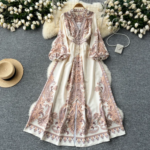 LE2634 Ethnic Printed Dresses Maxi Autumn New Court Style V-Neck Long Sleeve Banquet Robe Woman Boutique Holiday Dress for Women - Image 6