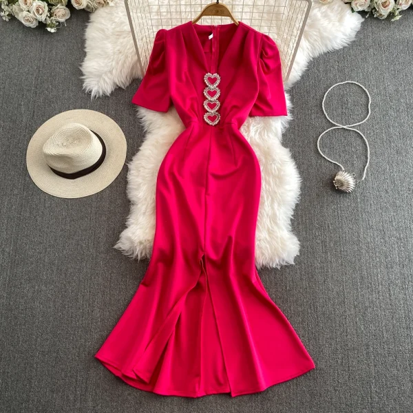 LE2657Chic Maxi Evening Dress Woman Love Button Fishtail Dresses 2025 High-End V-Neck Romantic Dinner Party Long Dress Lady