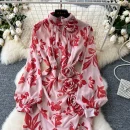 LE4783 Elegant Dress Women'S New French Three-Dimensional Flower Pleated Waist Fold Slit Print Skirt With Ruffled Edge
