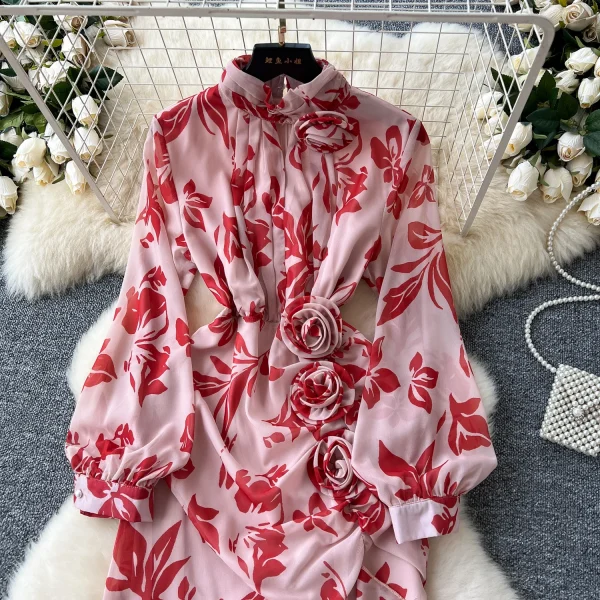 LE4783 Elegant Dress Women'S New French Three-Dimensional Flower Pleated Waist Fold Slit Print Skirt With Ruffled Edge - Image 5