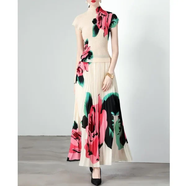LE1277 in Stock High-Quality Floral Print Pleated Skirt Short Sleeve Shirt Printed Pleated Skirt Boutique Women'S 2-Piece Set - Image 4