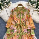 LE2632 Autumn New Retro Chiffon Printed Dresses Lady Lantern Long Sleeve Evening Robe Elegant Party Maxi Dresses Woman 2025